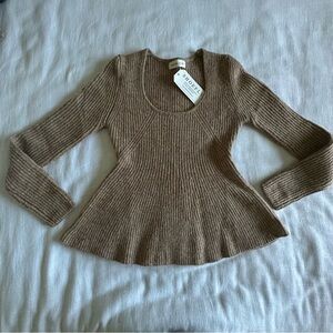 Shoefly Sweater Womens Large Camel Peplum Pullover Ribbed Knit Long Sleeve NWT